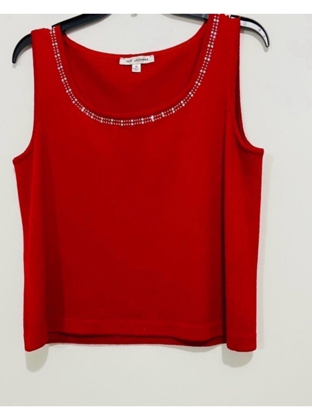 St. John Red Sleeveless Scoop Neck Tank with Rhinestone Trim